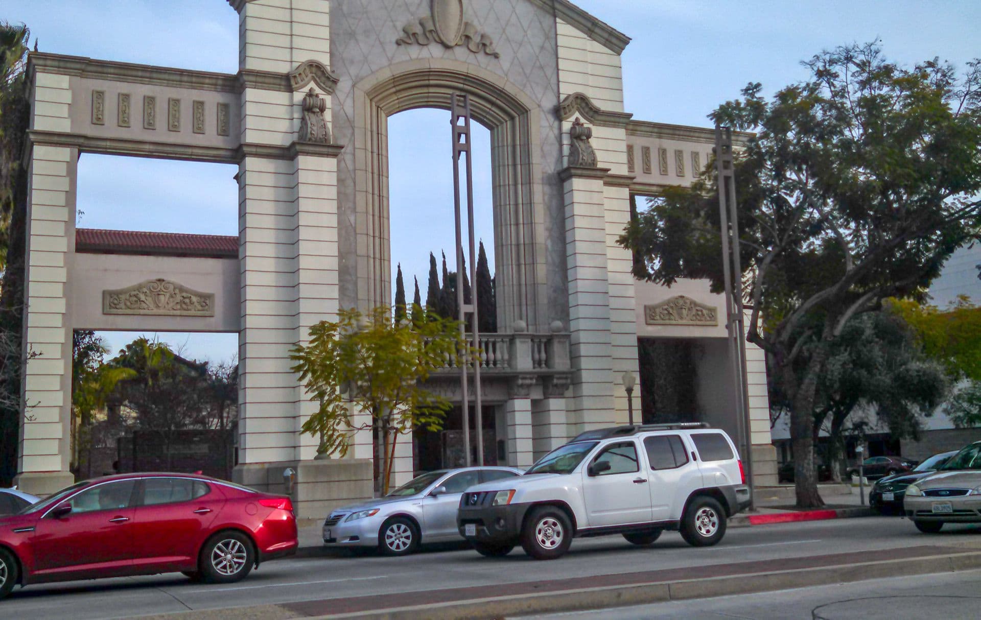 The arched stone entrance of Culver City City Hall on Culver Boulevard